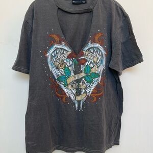 Graphic Tee with Heart and Wings Design
